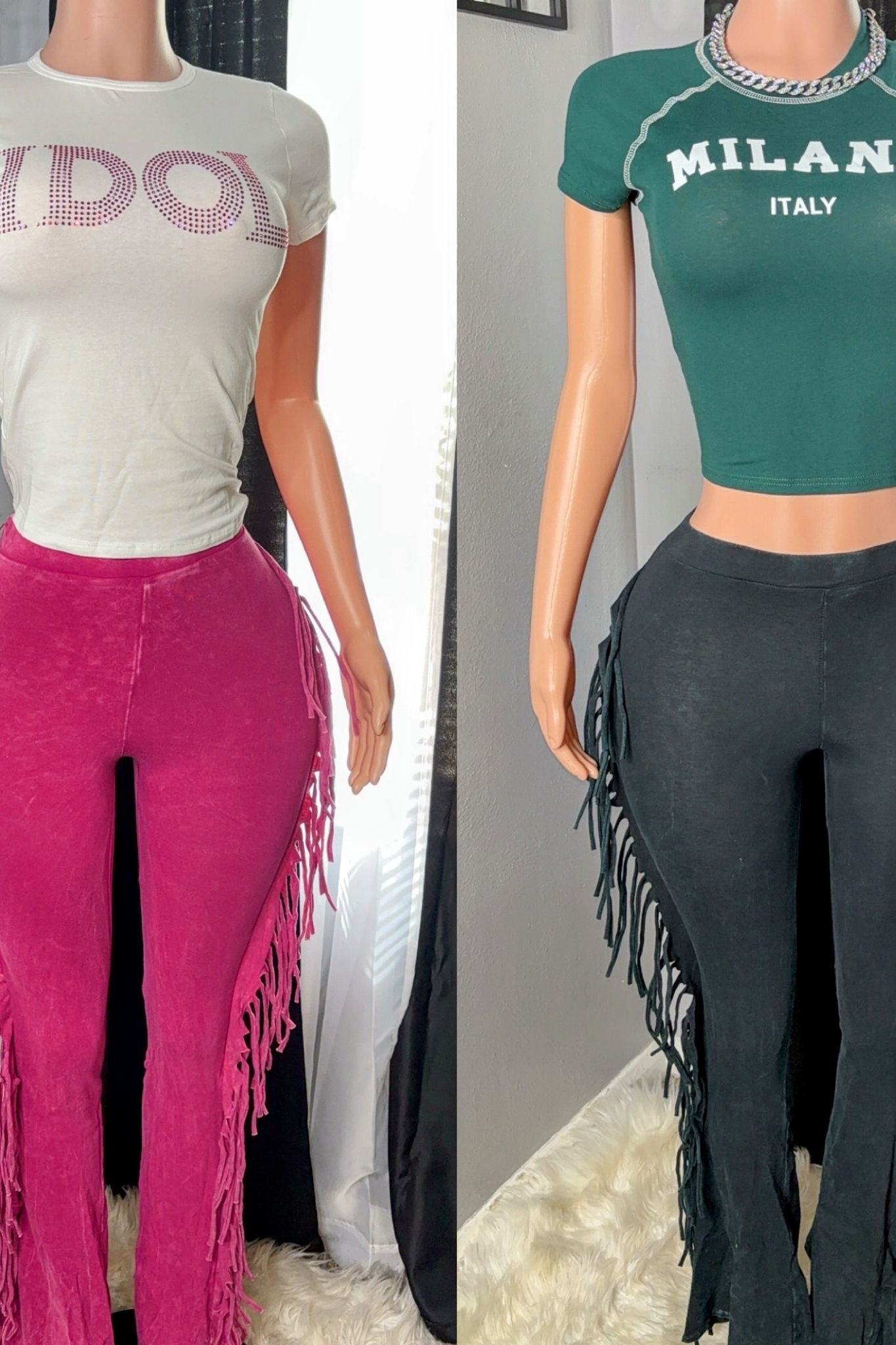 Acid wash fringe pants only