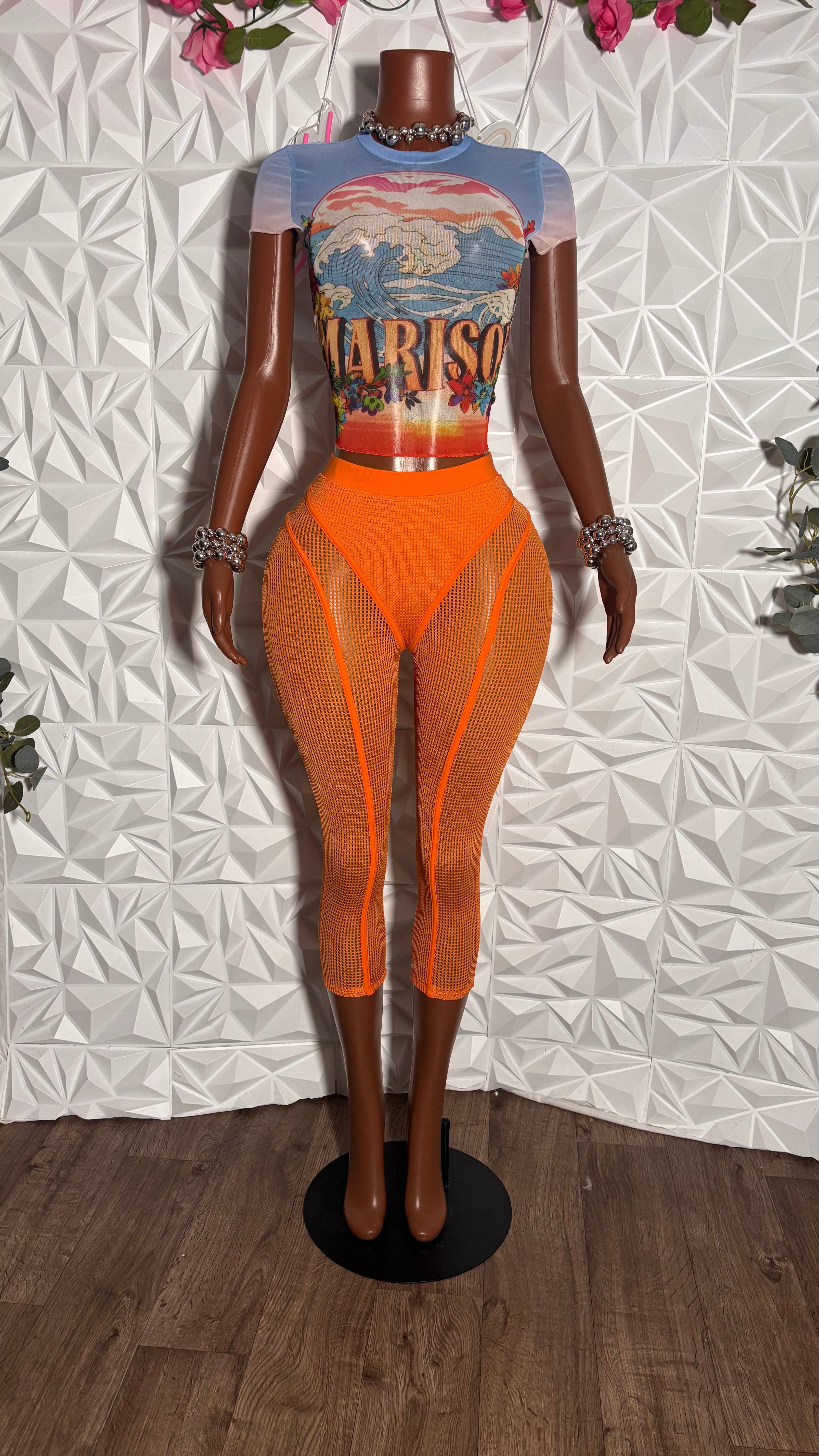 Popcorn mesh capris (orange)
