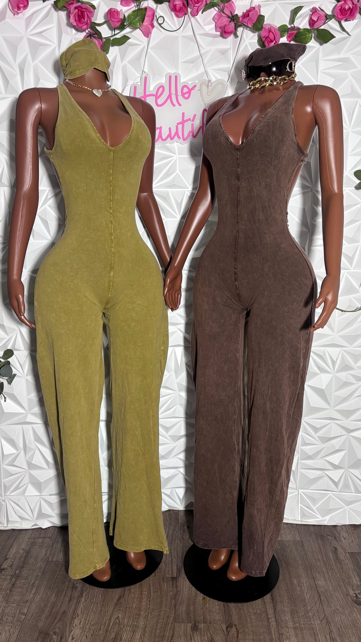 Acid wash jumpsuit with headband (Brown)