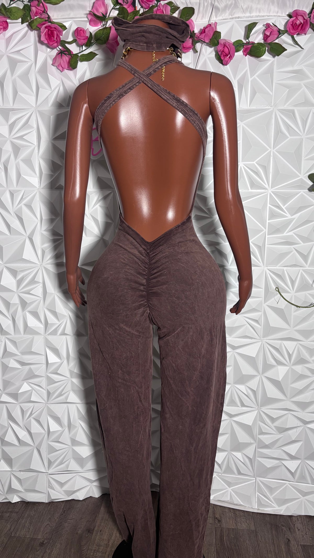 Acid wash jumpsuit with headband (Brown)