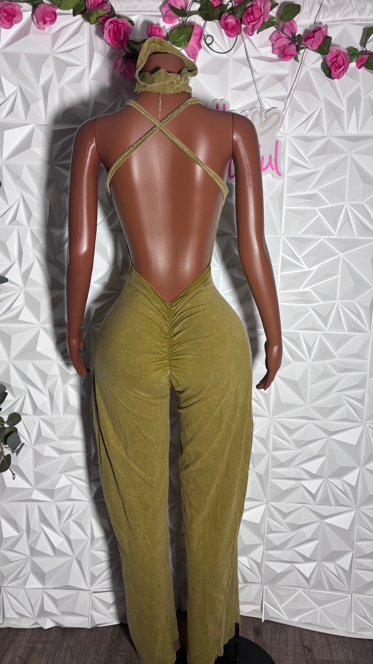 Acid wash jumpsuit with headband (Olive)