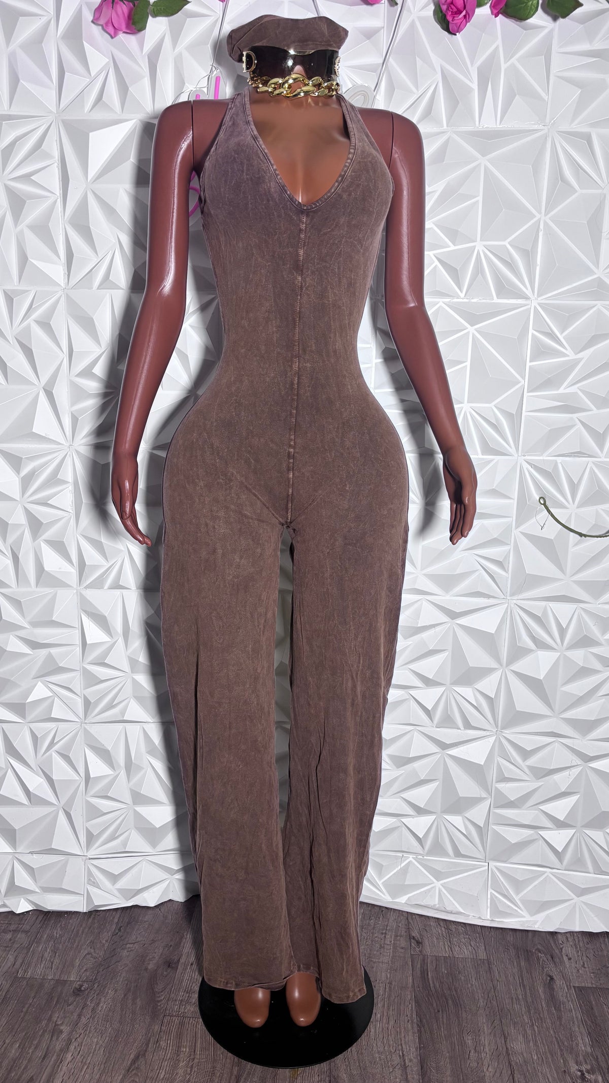 Acid wash jumpsuit with headband (Brown)