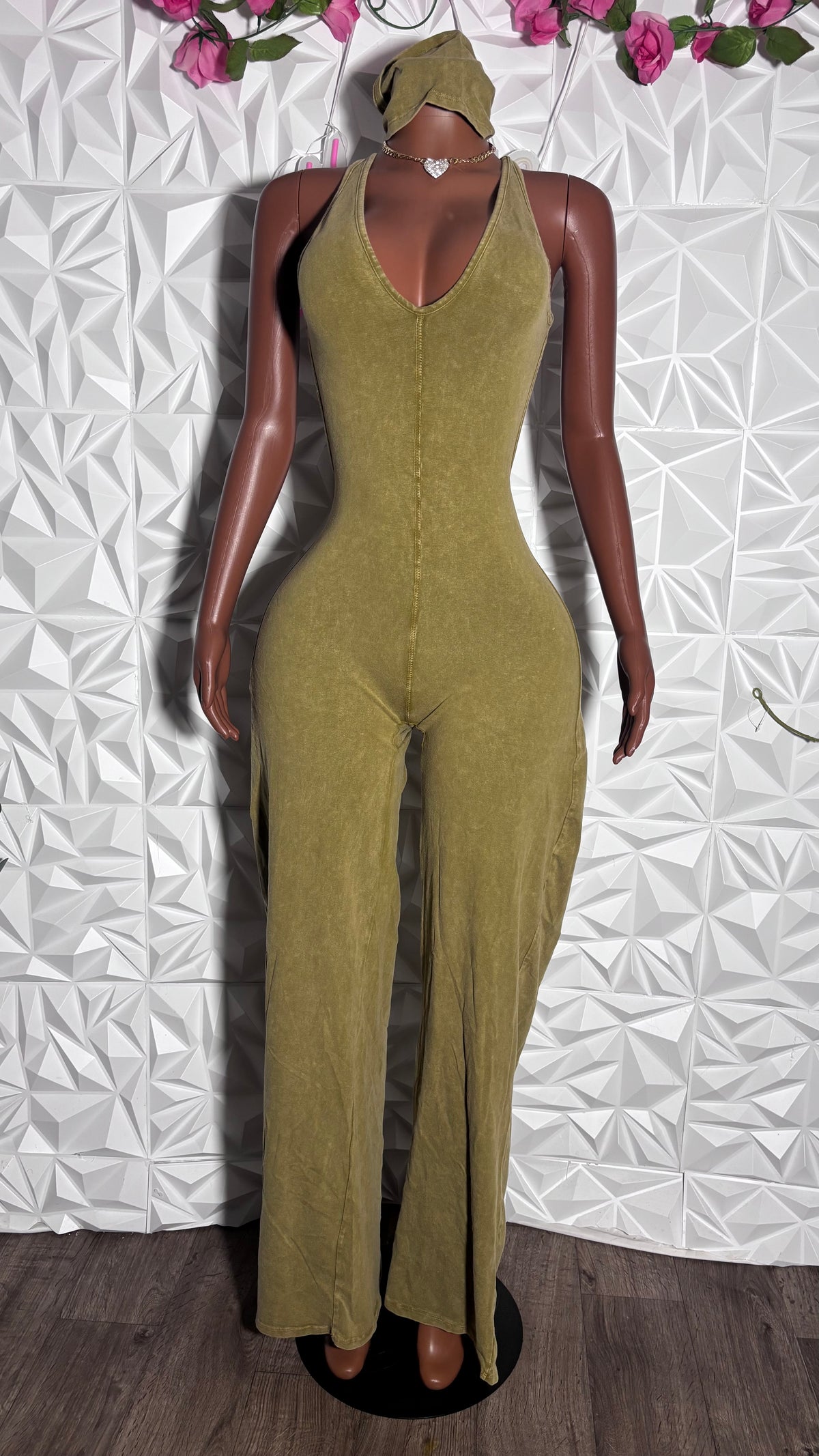 Acid wash jumpsuit with headband (Olive)